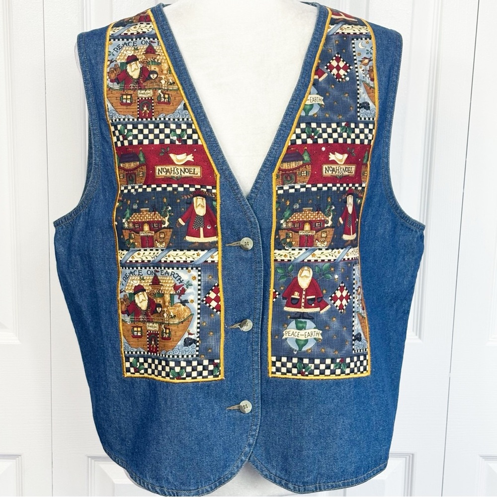 New Quacker Factory Christmas Santa Noel Noah's Ark Denim Vest Large